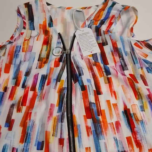 Colorful cold shoulder woman size large zip up lightweight satin feel. NWT - Picture 2 of 5